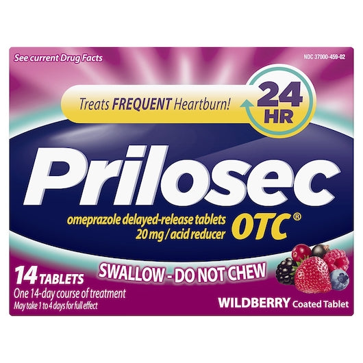 Prilosec otc wildberry, Omeprazole 20 mg, Acid reducer, Heartburn relief - 14 Tablets