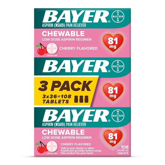 Bayer aspirin 81 mg chewable, cherry - 3 pack 108 tablets