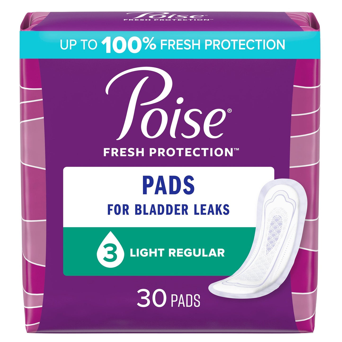 Poise Incontinence Pads, Light Absorbency, Regular Length, 30 Count