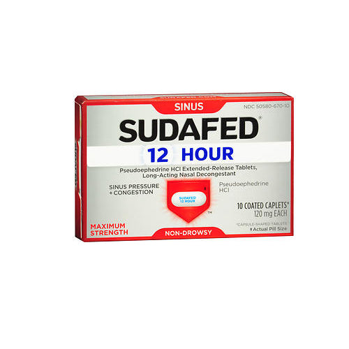 Sudafed Pe, Sudafed 12 Hour Coated Caplets Maximum Strength, 10 Tabs